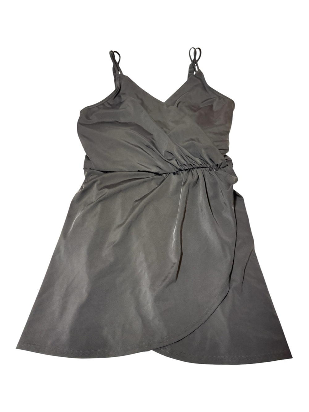Lands' End black One-piece dress swimsuit wrap-front, tulip skirt, size 10-12